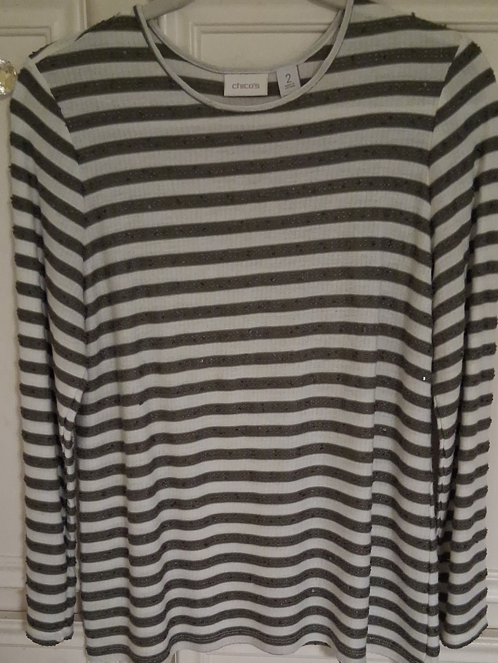 Chico's Striped Crewneck Sweater in Gray and White